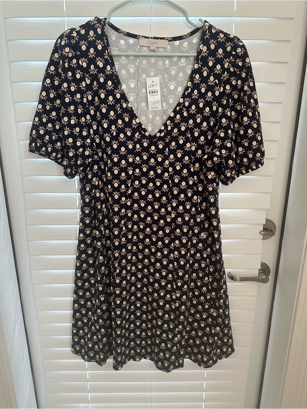 LOFT Navy Floral V-Neck Short Sleeve Dress